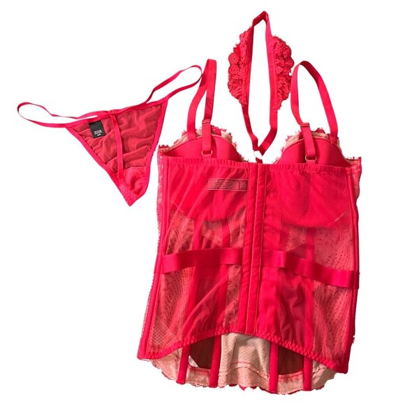 Victorias Secret Red Lace & Mesh Bustier Set 36D XL - Picture 4 of 10